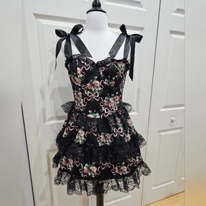 Dolls Kill Widow Goth Bows Floral Bewitched Bloom Tiered Black Lace Mini Dress
